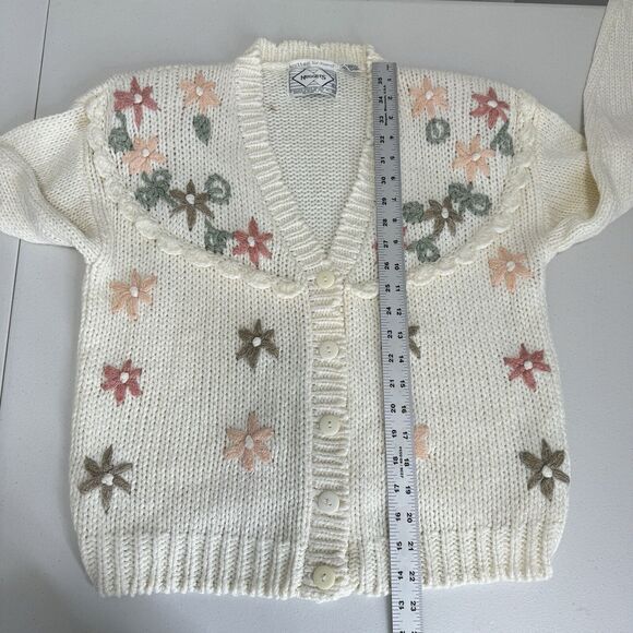 Vintage Nuggets Womens Sweater M White Floral Cardigan Hand Knitted Cottagecore - Picture 6 of 15